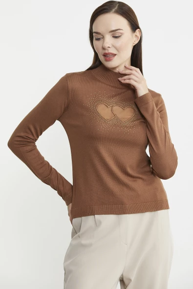 Taş Detaylı Dik Yaka Triko Kazak - Kiremit - Resim 3