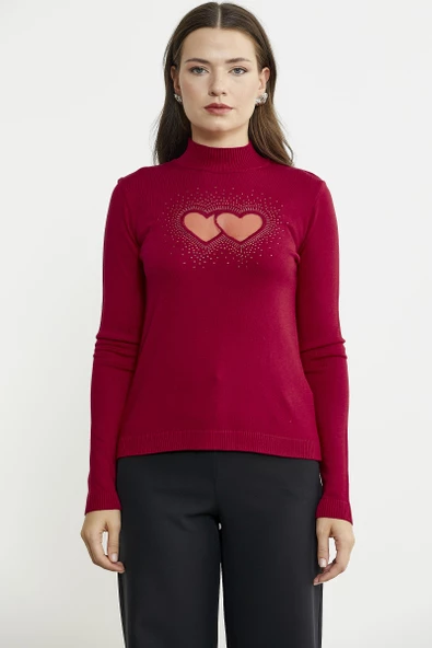 Taş Detaylı Dik Yaka Triko Kazak - Kırmızı - 2