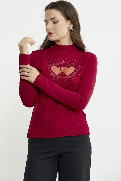 Taş Detaylı Dik Yaka Triko Kazak - Kırmızı - 5