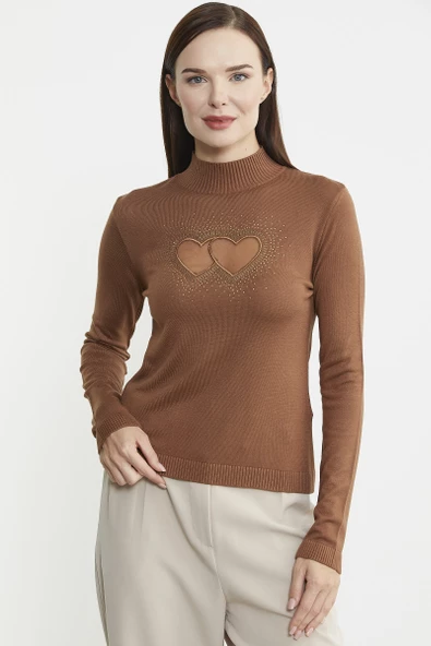 Taş Detaylı Dik Yaka Triko Kazak - Kiremit - Resim 2