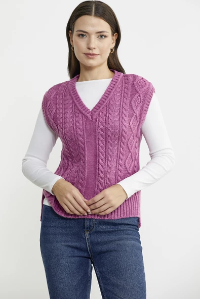 Saç Örgülü Arkası Uzun Yünlü Triko Süveter - Gül - Resim 3