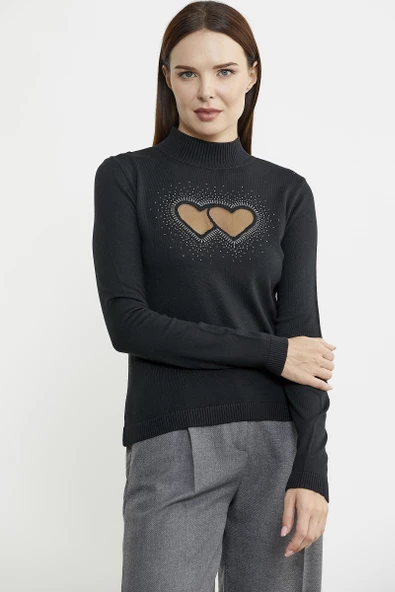 Taş Detaylı Dik Yaka Triko Kazak - Siyah