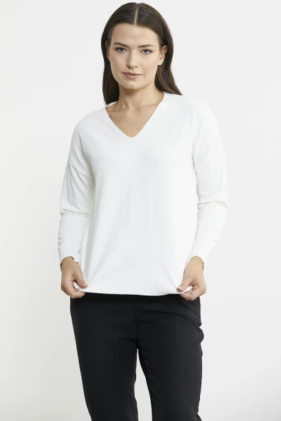 V Yaka Triko Dökümlü Kazak - Kemik - 2