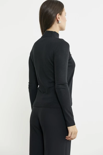 Sim Detaylı Dik Yaka Triko Kazak - Siyah - 6