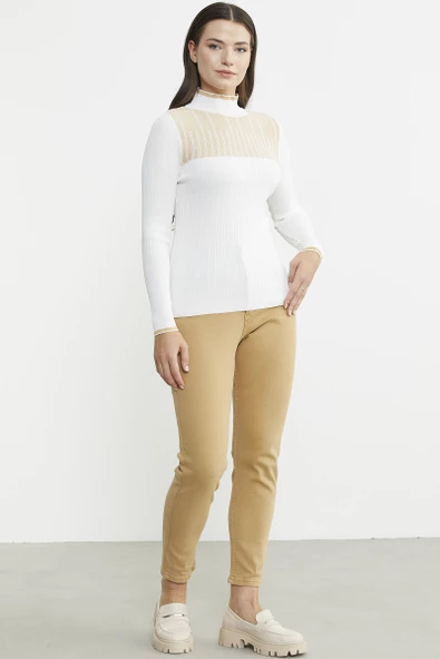 Yarım Balıkçı Renk Kombinli Triko Kazak - Kemik - 3