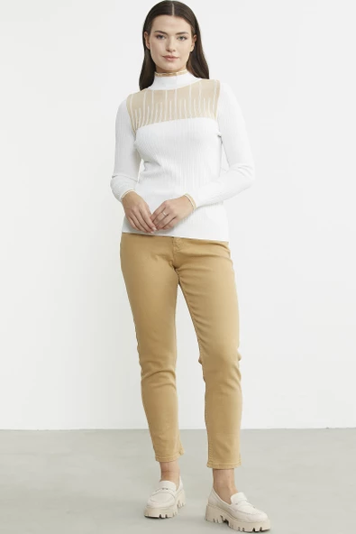 Yarım Balıkçı Renk Kombinli Triko Kazak - Kemik