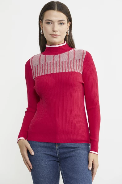 Yarım Balıkçı Renk Kombinli Triko Kazak - Kırmızı