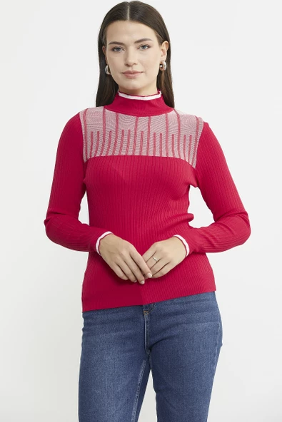 Yarım Balıkçı Renk Kombinli Triko Kazak - Kırmızı - 2