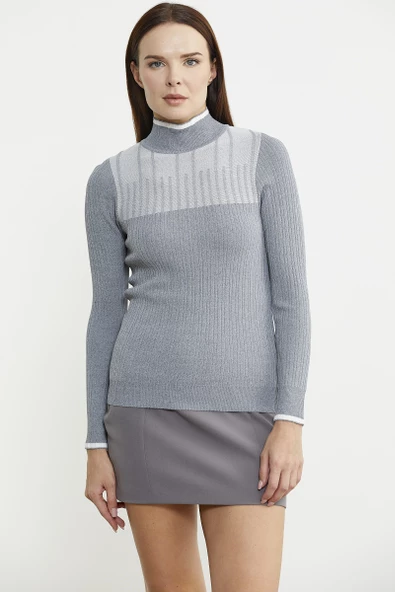 Yarım Balıkçı Renk Kombinli Triko Kazak - Gri - 2