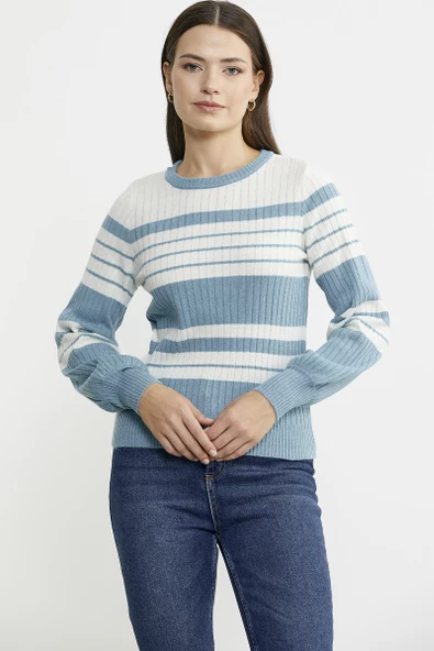 Çizgi Detaylı Yünlü Triko Kazak - Mavi - 3
