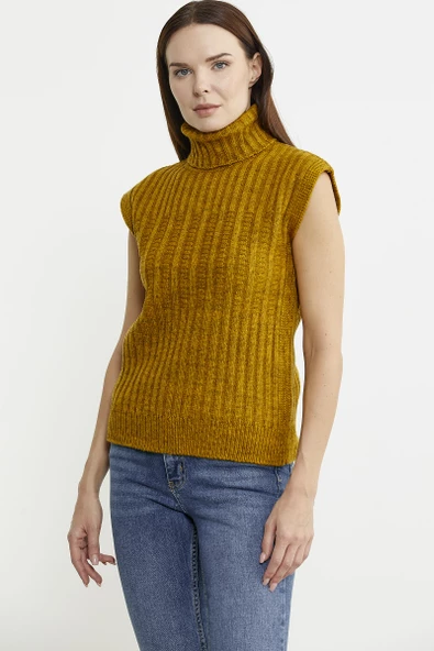 Yünlü Tam Balıkçı Kolsuz Triko Süveter - Hardal - Resim 5