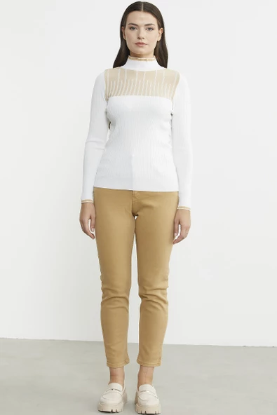 Yarım Balıkçı Renk Kombinli Triko Kazak - Kemik - 2