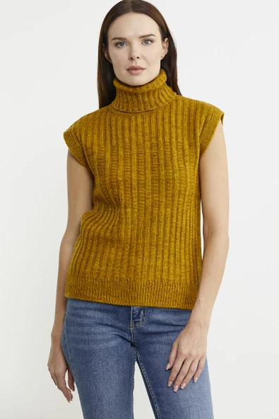 Yünlü Tam Balıkçı Kolsuz Triko Süveter - Hardal ürün görseli 1