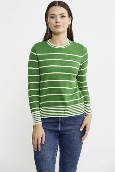 Sıfır Yaka Çizgili Triko Kazak - Yeşil - Resim 2