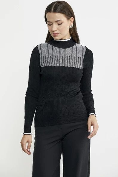 Yarım Balıkçı Renk Kombinli Triko Kazak - Siyah - 4