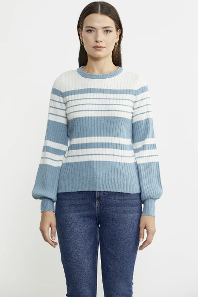 Çizgi Detaylı Yünlü Triko Kazak - Mavi - 2