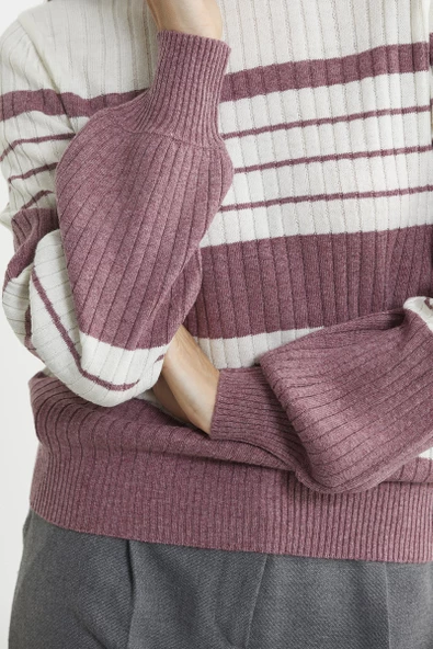 Çizgi Detaylı Yünlü Triko Kazak - Gül - Resim 4