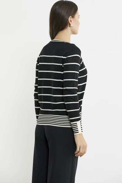 Sıfır Yaka Çizgili Triko Kazak - Siyah - Resim 6