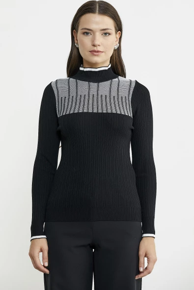 Yarım Balıkçı Renk Kombinli Triko Kazak - Siyah - 3