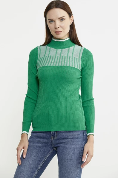 Yarım Balıkçı Renk Kombinli Triko Kazak - Yeşil ürün görseli 1