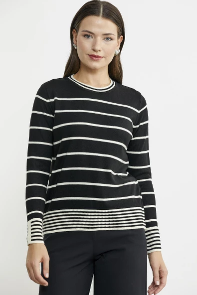 Sıfır Yaka Çizgili Triko Kazak - Siyah - Resim 3