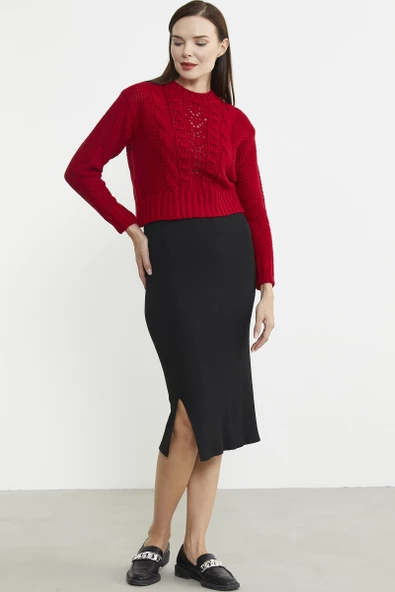 Saç Örgü Motifli Crop Yünlü Triko Kazak - Kırmızı - Resim 5