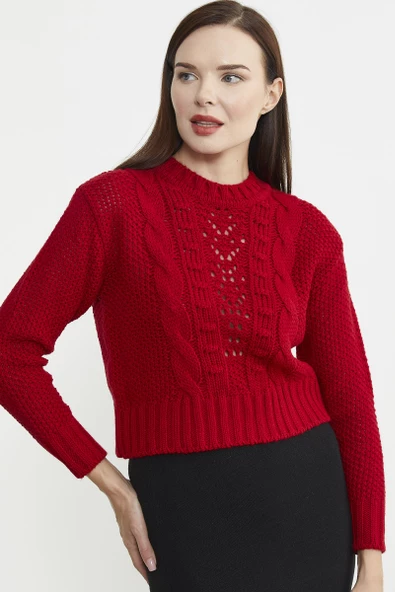 Saç Örgü Motifli Crop Yünlü Triko Kazak - Kırmızı - Resim 2