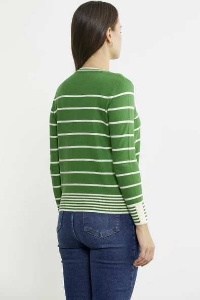 Sıfır Yaka Çizgili Triko Kazak - Yeşil - Resim 5