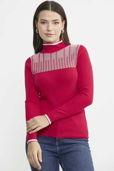 Yarım Balıkçı Renk Kombinli Triko Kazak - Kırmızı - 3