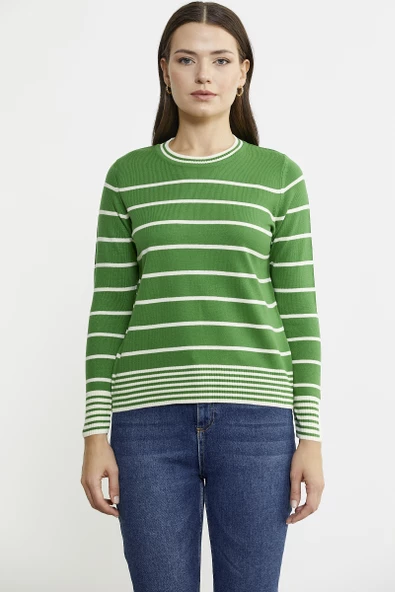 Sıfır Yaka Çizgili Triko Kazak - Yeşil ürün görseli 1