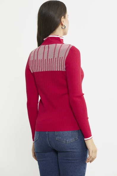 Yarım Balıkçı Renk Kombinli Triko Kazak - Kırmızı - 5