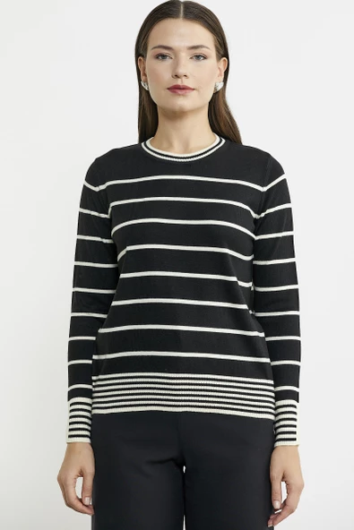 Sıfır Yaka Çizgili Triko Kazak - Siyah - Resim 2