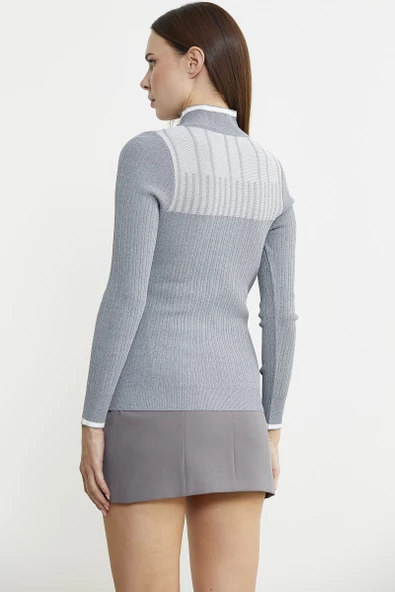 Yarım Balıkçı Renk Kombinli Triko Kazak - Gri - 5