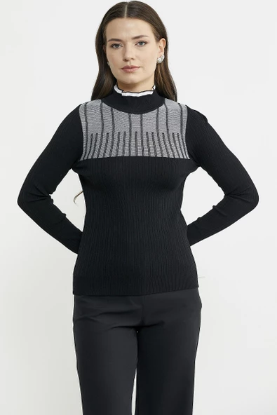 Yarım Balıkçı Renk Kombinli Triko Kazak - Siyah - 5