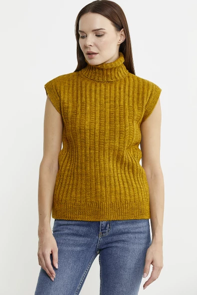 Yünlü Tam Balıkçı Kolsuz Triko Süveter - Hardal - Resim 4