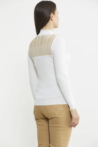 Yarım Balıkçı Renk Kombinli Triko Kazak - Kemik - 4