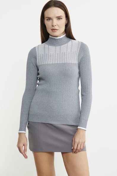 Yarım Balıkçı Renk Kombinli Triko Kazak - Gri