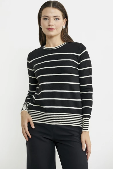 Sıfır Yaka Çizgili Triko Kazak - Siyah ürün görseli 1