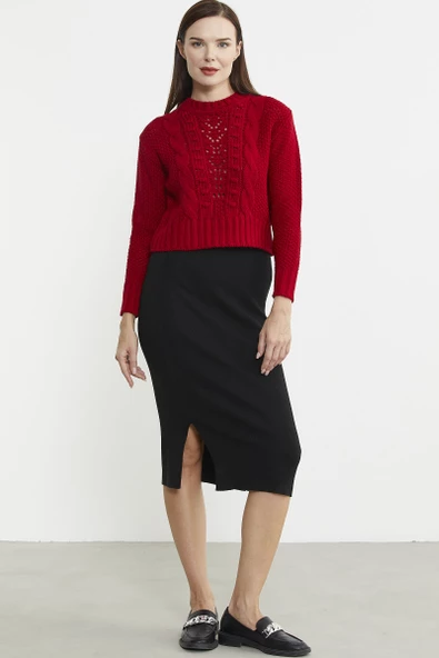 Saç Örgü Motifli Crop Yünlü Triko Kazak - Kırmızı - Resim 4
