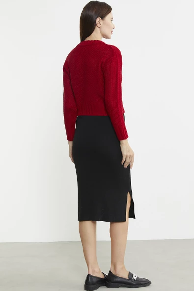 Saç Örgü Motifli Crop Yünlü Triko Kazak - Kırmızı - Resim 6