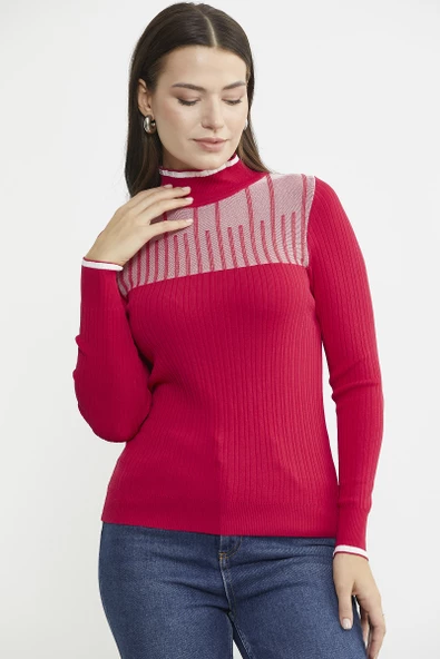 Yarım Balıkçı Renk Kombinli Triko Kazak - Kırmızı - 4