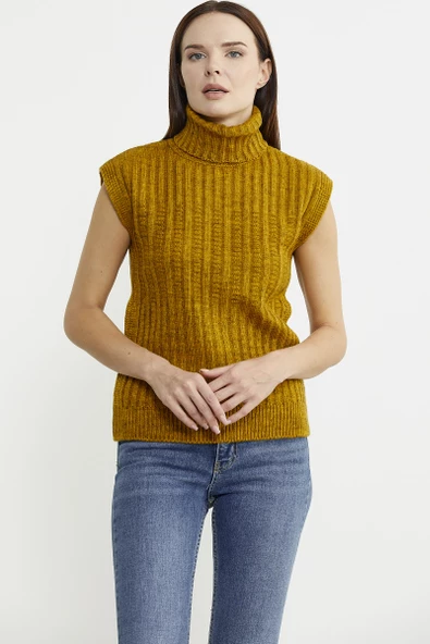 Yünlü Tam Balıkçı Kolsuz Triko Süveter - Hardal - Resim 2
