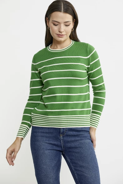 Sıfır Yaka Çizgili Triko Kazak - Yeşil - Resim 3