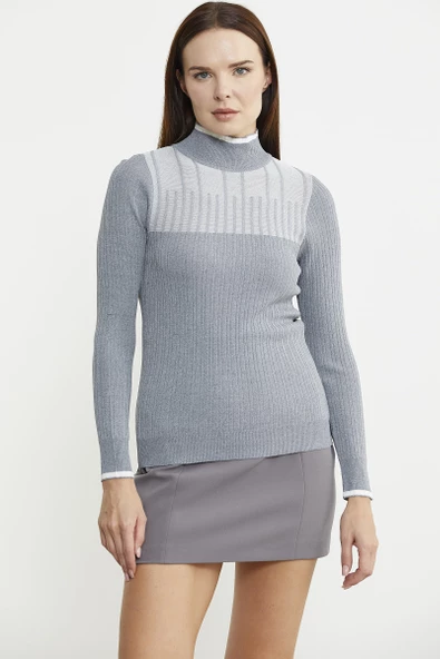 Yarım Balıkçı Renk Kombinli Triko Kazak - Gri - 3