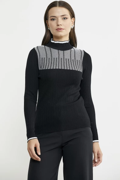 Yarım Balıkçı Renk Kombinli Triko Kazak - Siyah