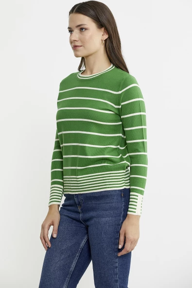 Sıfır Yaka Çizgili Triko Kazak - Yeşil - Resim 4