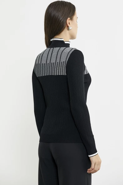 Yarım Balıkçı Renk Kombinli Triko Kazak - Siyah - 6