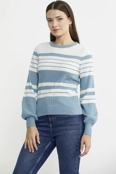 Çizgi Detaylı Yünlü Triko Kazak - Mavi - 4