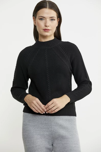 Yünlü Motif Detaylı Dik Yaka Triko Kazak - Siyah - Resim 2