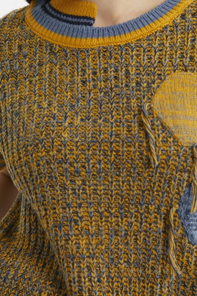 Çift Renk Kısa Kol Yün Triko Kazak - Güneş - 4